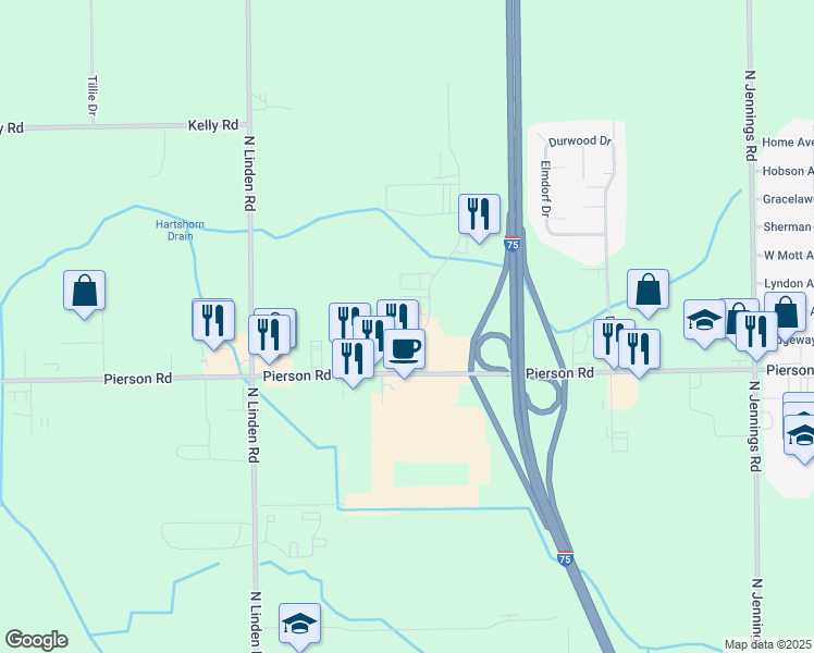 map of restaurants, bars, coffee shops, grocery stores, and more near 4366 Pierson Road in Flint