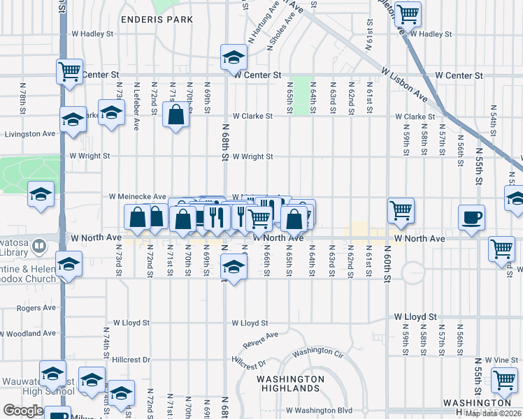 map of restaurants, bars, coffee shops, grocery stores, and more near 2357 North 66th Street in Wauwatosa