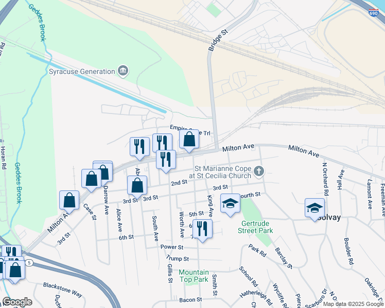 map of restaurants, bars, coffee shops, grocery stores, and more near 2 Cogswell Avenue in Solvay