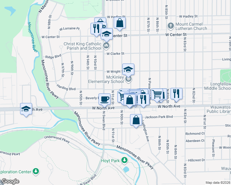 map of restaurants, bars, coffee shops, grocery stores, and more near 2368 North 91st Street in Wauwatosa