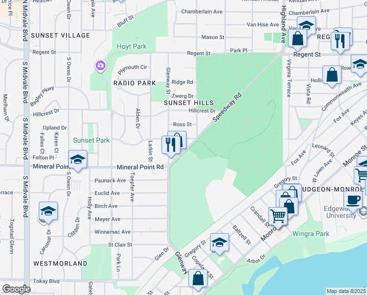 map of restaurants, bars, coffee shops, grocery stores, and more near 313 Waverly Place in Madison