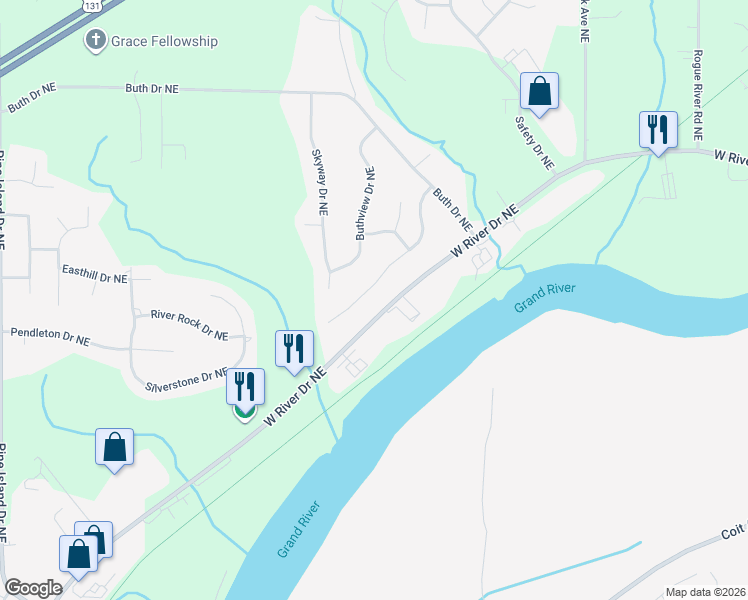map of restaurants, bars, coffee shops, grocery stores, and more near 5444 Riverlook Drive Northeast in Comstock Park