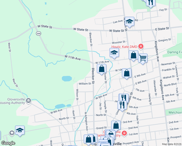 map of restaurants, bars, coffee shops, grocery stores, and more near 297 Bleecker Street in Gloversville