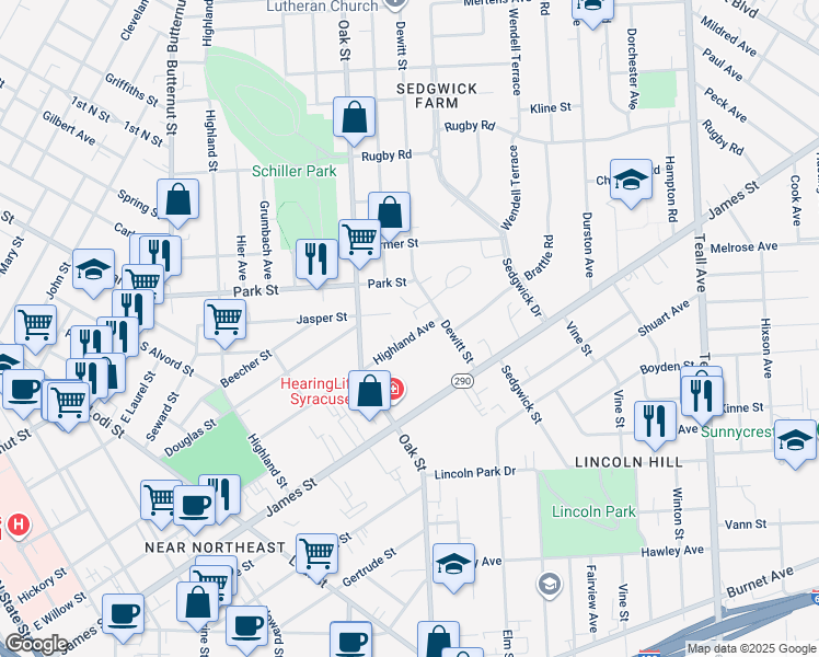 map of restaurants, bars, coffee shops, grocery stores, and more near 323 Highland Avenue in Syracuse