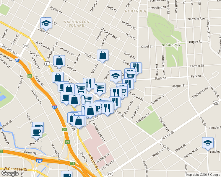 map of restaurants, bars, coffee shops, grocery stores, and more near 136 Peters Street in Syracuse