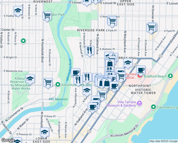 map of restaurants, bars, coffee shops, grocery stores, and more near 2425 North Bartlett Avenue in Milwaukee