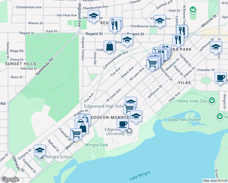 map of restaurants, bars, coffee shops, grocery stores, and more near 2242 West Lawn Avenue in Madison
