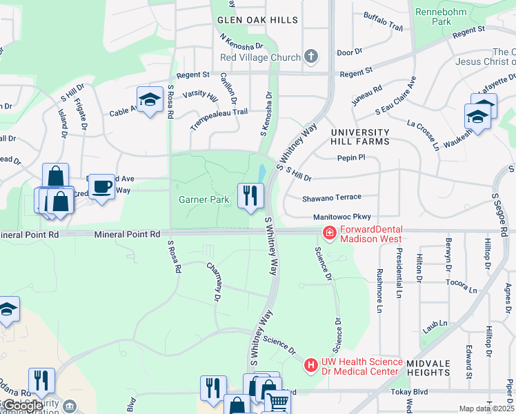 map of restaurants, bars, coffee shops, grocery stores, and more near 320 South Whitney Way in Madison