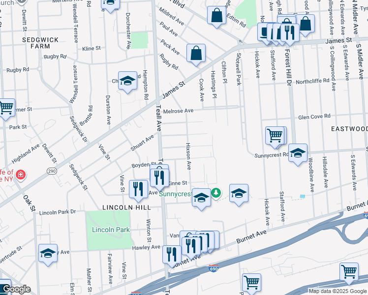 map of restaurants, bars, coffee shops, grocery stores, and more near 116 Mariposa Street in Syracuse