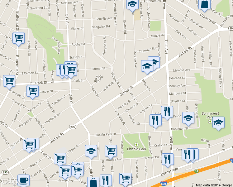map of restaurants, bars, coffee shops, grocery stores, and more near 1235 James Street in Syracuse