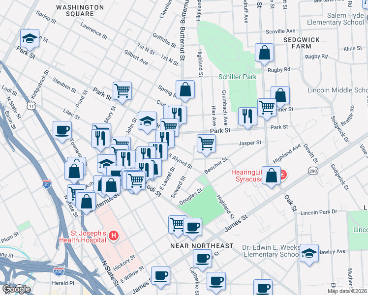 map of restaurants, bars, coffee shops, grocery stores, and more near 114 Schneider Street in Syracuse