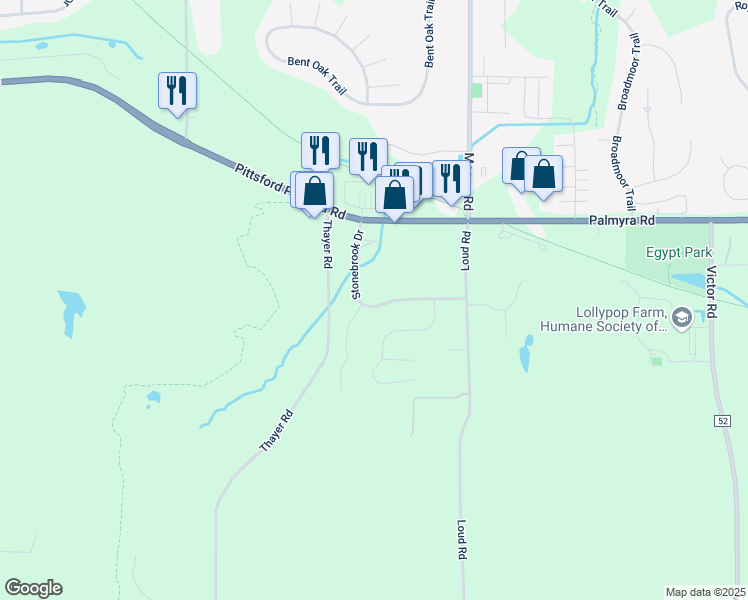 map of restaurants, bars, coffee shops, grocery stores, and more near 41 Stonebrook Drive in Fairport