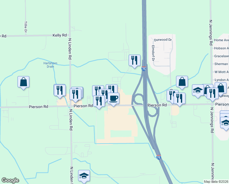 map of restaurants, bars, coffee shops, grocery stores, and more near 4366 West Pierson Road in Flint