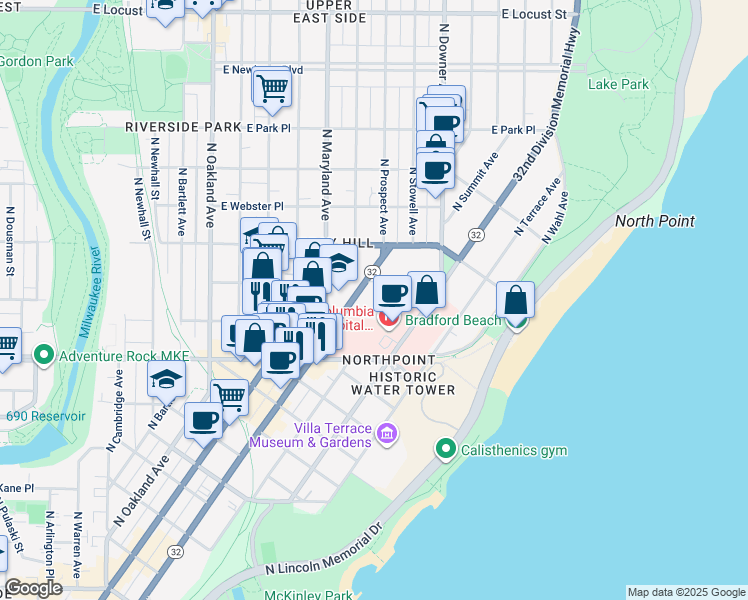 map of restaurants, bars, coffee shops, grocery stores, and more near 2462 North Prospect Avenue in Milwaukee
