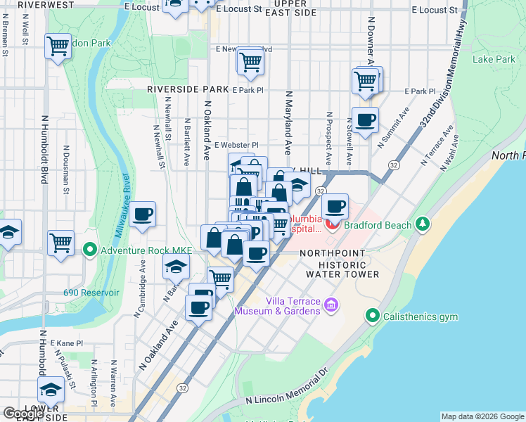map of restaurants, bars, coffee shops, grocery stores, and more near 2428 North Murray Avenue in Milwaukee