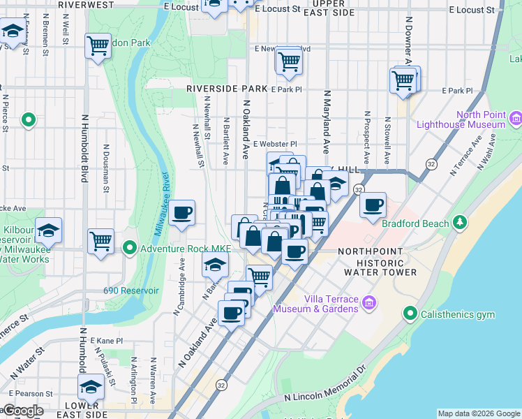 map of restaurants, bars, coffee shops, grocery stores, and more near 2422 North Cramer Street in Milwaukee