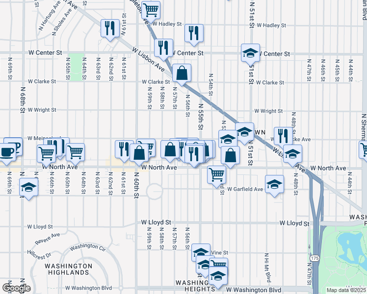 map of restaurants, bars, coffee shops, grocery stores, and more near 2360 North 57th Street in Milwaukee