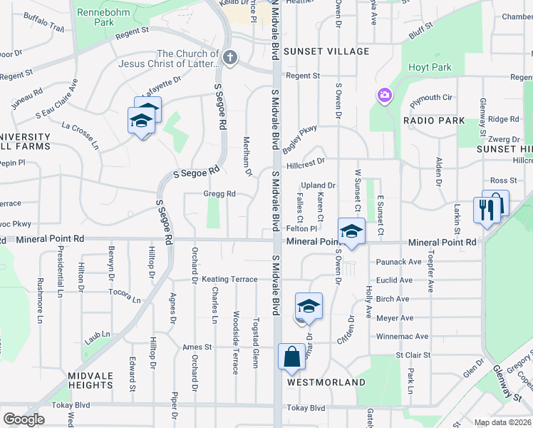 map of restaurants, bars, coffee shops, grocery stores, and more near 4449 Hillcrest Drive in Madison