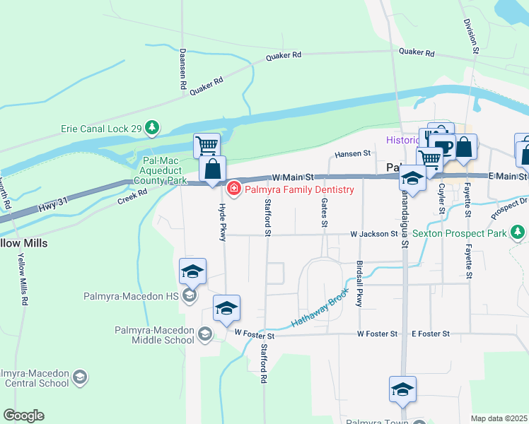 map of restaurants, bars, coffee shops, grocery stores, and more near 139 Stafford Street in Palmyra