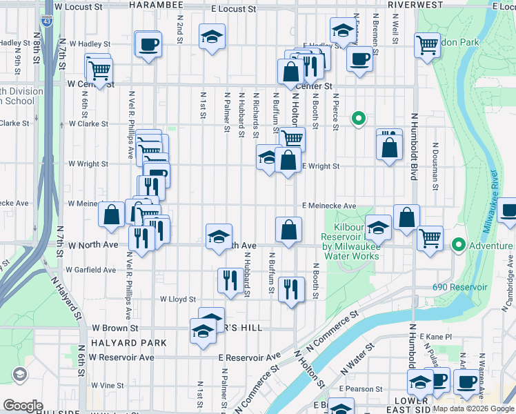 map of restaurants, bars, coffee shops, grocery stores, and more near 2376 North Richards Street in Milwaukee