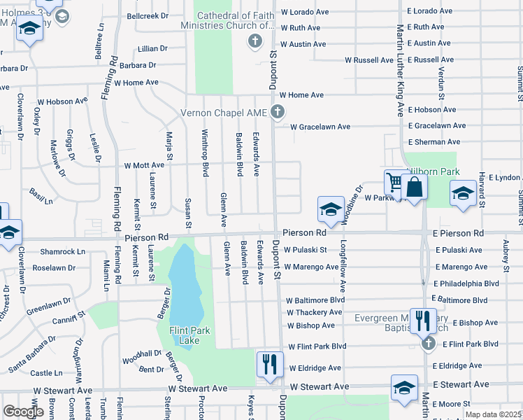 map of restaurants, bars, coffee shops, grocery stores, and more near 5302 Edwards Avenue in Flint
