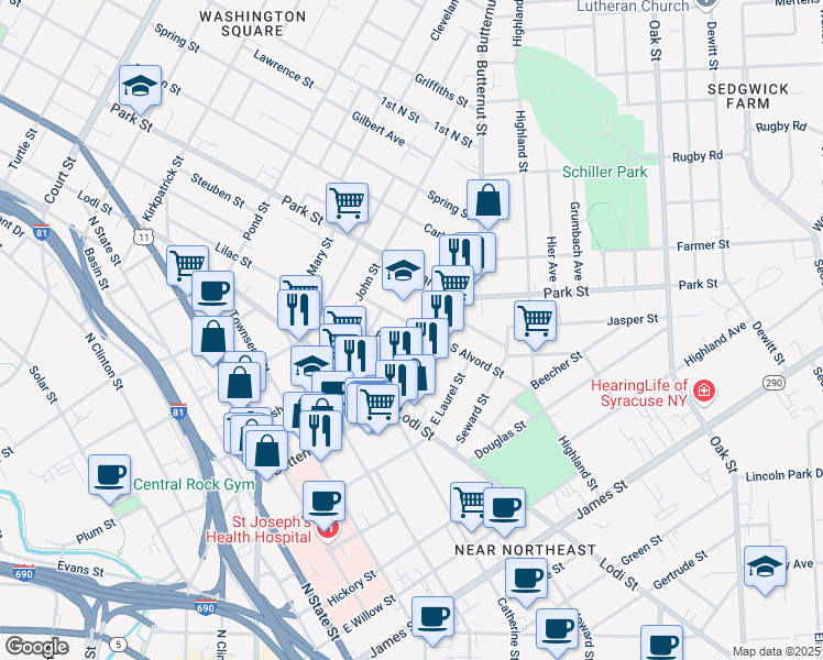 map of restaurants, bars, coffee shops, grocery stores, and more near 417 South Alvord Street in Syracuse