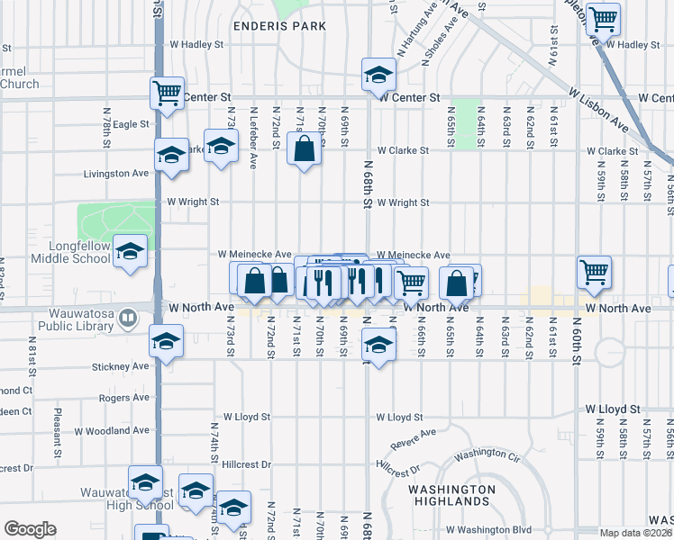 map of restaurants, bars, coffee shops, grocery stores, and more near 2359 North 69th Street in Wauwatosa
