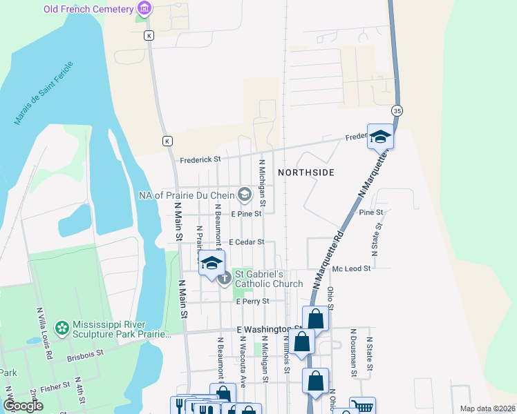 map of restaurants, bars, coffee shops, grocery stores, and more near 803 North Michigan Street in Prairie du Chien