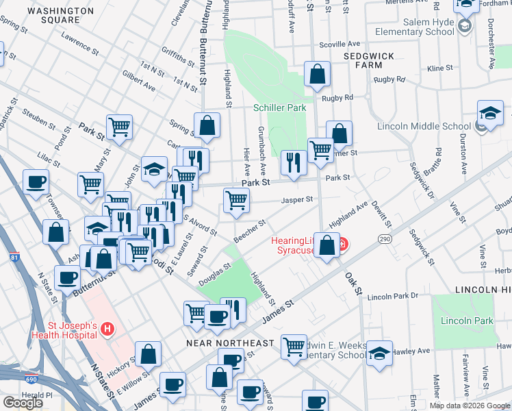 map of restaurants, bars, coffee shops, grocery stores, and more near 134 Jasper Street in Syracuse