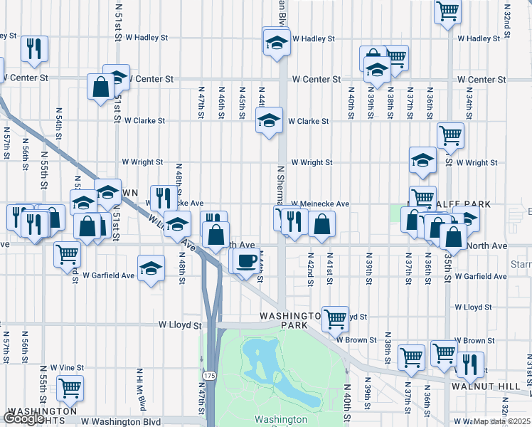 map of restaurants, bars, coffee shops, grocery stores, and more near 2363 North 44th Street in Milwaukee