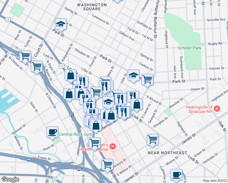 map of restaurants, bars, coffee shops, grocery stores, and more near 113 John St in Syracuse