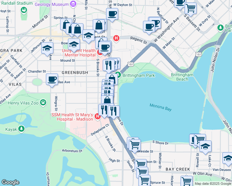 map of restaurants, bars, coffee shops, grocery stores, and more near 500 West Shore Drive in Madison