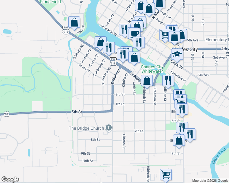 map of restaurants, bars, coffee shops, grocery stores, and more near 508 South Main Street in Charles City