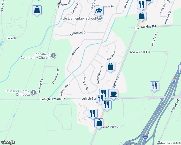 map of restaurants, bars, coffee shops, grocery stores, and more near 33 Maple Valley Crescent in Rochester