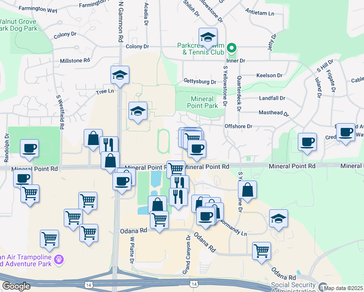 map of restaurants, bars, coffee shops, grocery stores, and more near 246 Grand Canyon Drive in Madison