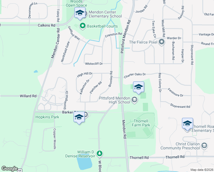 map of restaurants, bars, coffee shops, grocery stores, and more near 47 Bromley Road in Pittsford