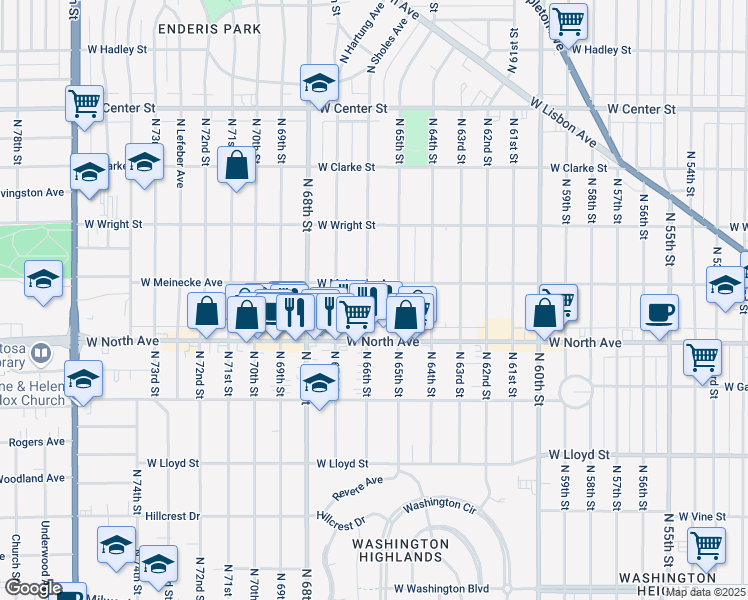 map of restaurants, bars, coffee shops, grocery stores, and more near 2358 North 66th Street in Wauwatosa
