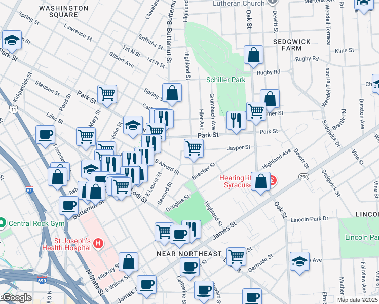 map of restaurants, bars, coffee shops, grocery stores, and more near 615 Highland Street in Syracuse