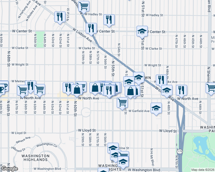 map of restaurants, bars, coffee shops, grocery stores, and more near 2360 North 56th Street in Milwaukee
