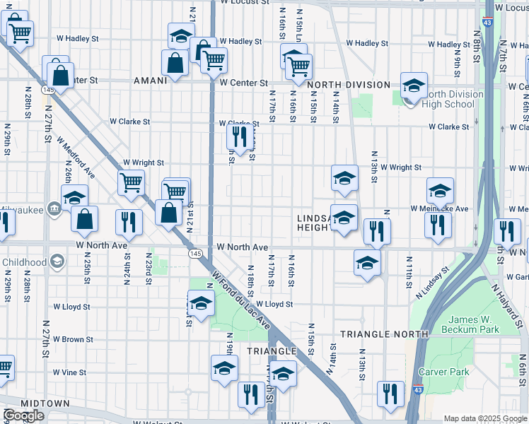 map of restaurants, bars, coffee shops, grocery stores, and more near 1717 West Meinecke Avenue in Milwaukee