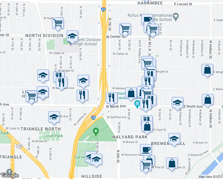 map of restaurants, bars, coffee shops, grocery stores, and more near 635 West Meinecke Avenue in Milwaukee