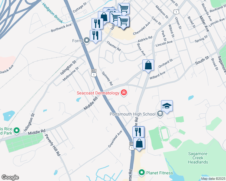 map of restaurants, bars, coffee shops, grocery stores, and more near 356 New Hampshire 33 in Portsmouth