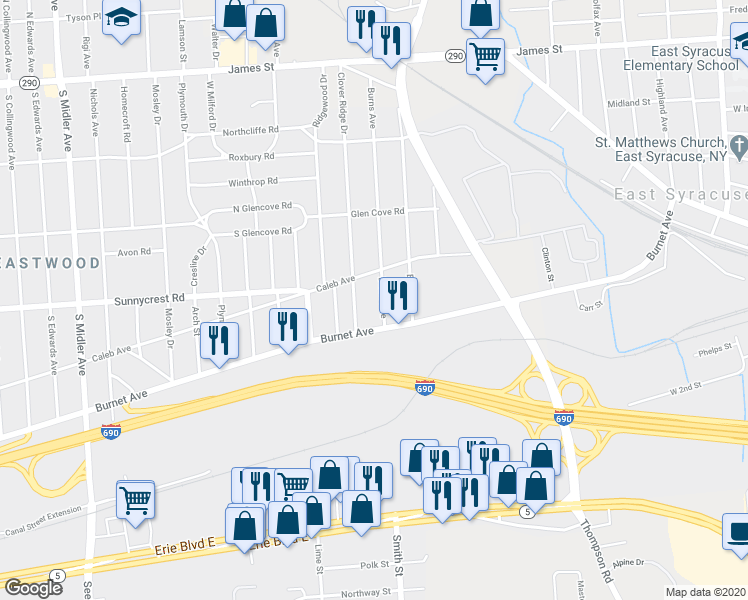 map of restaurants, bars, coffee shops, grocery stores, and more near 428 Burns Ave in Syracuse