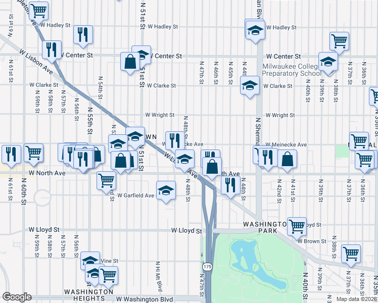 map of restaurants, bars, coffee shops, grocery stores, and more near 2360 North 48th Street in Milwaukee