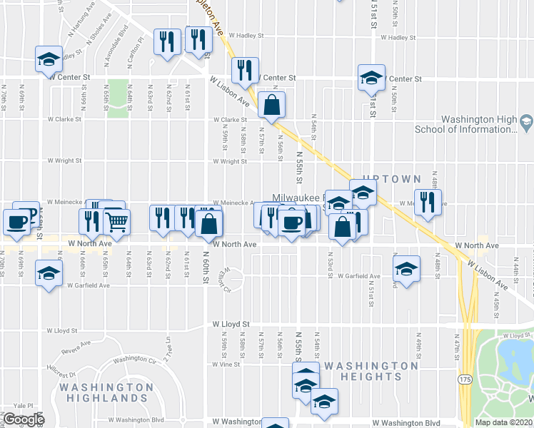 map of restaurants, bars, coffee shops, grocery stores, and more near 2360 North 57th Street in Milwaukee