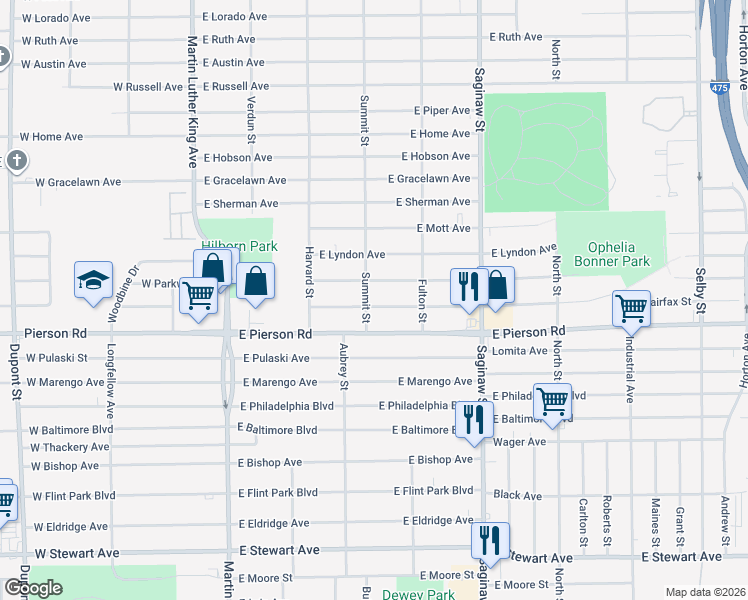 map of restaurants, bars, coffee shops, grocery stores, and more near 405 East Ridgeway Avenue in Flint