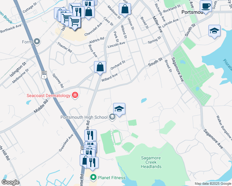 map of restaurants, bars, coffee shops, grocery stores, and more near 1160 South Street in Portsmouth