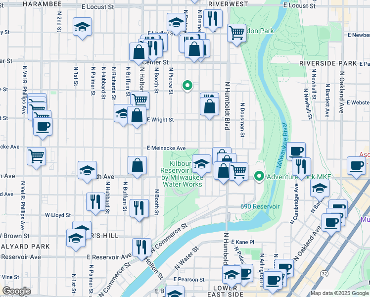 map of restaurants, bars, coffee shops, grocery stores, and more near N Fratney St & E Meinecke Ave in Milwaukee