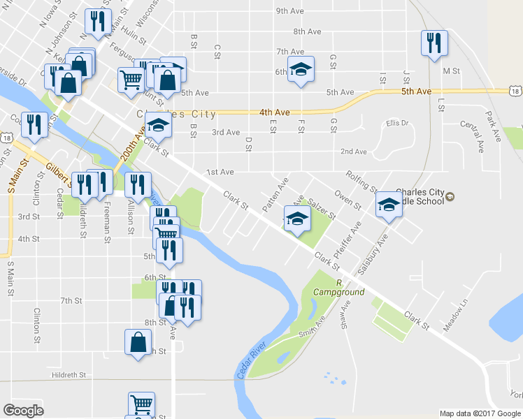 map of restaurants, bars, coffee shops, grocery stores, and more near 201 Patten Avenue in Charles City