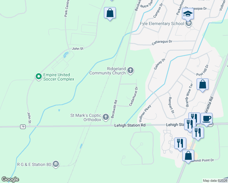 map of restaurants, bars, coffee shops, grocery stores, and more near 341 Beckwith Road in West Henrietta